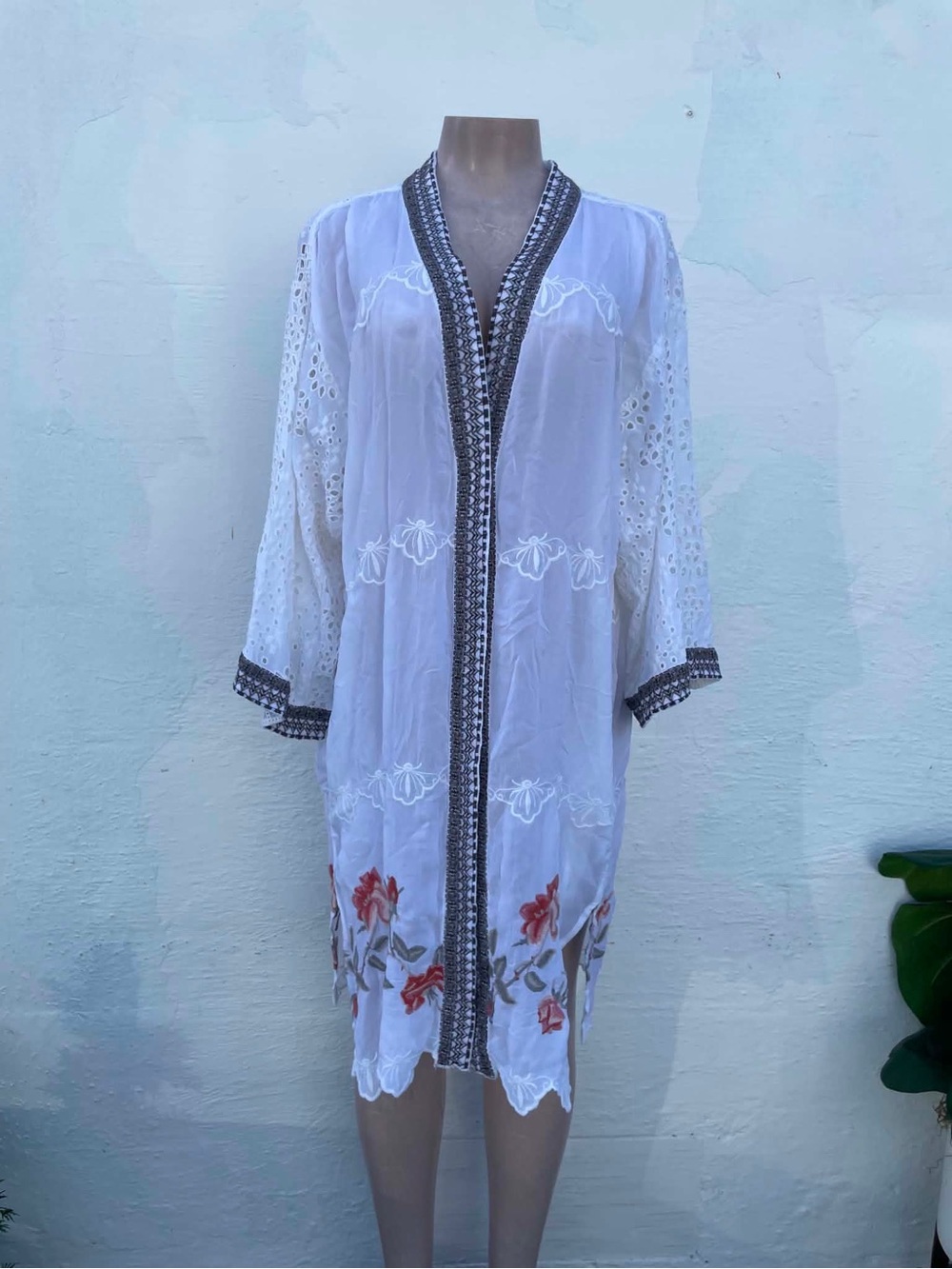Johnny Was White Eyelet Embroidered Boho Top with Multicolor Patch